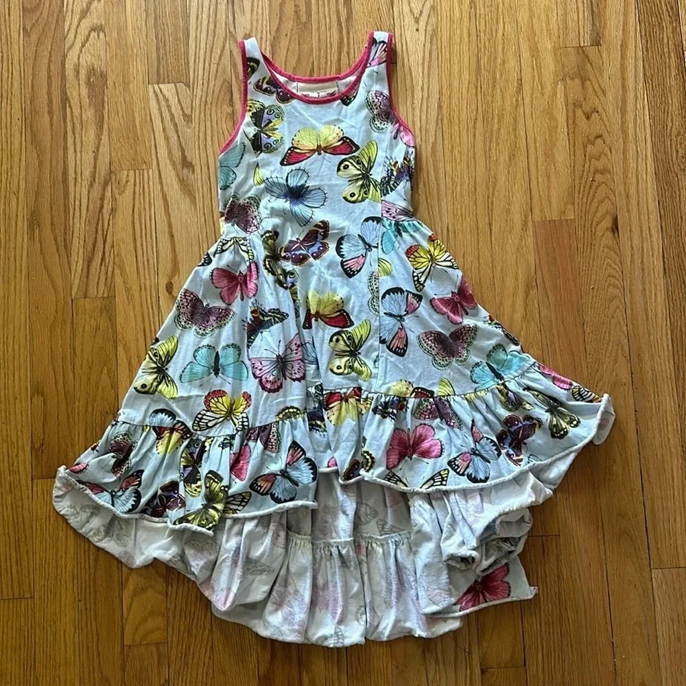 Paper Wings sz 7 high low ruffle twirl dress light blue with butterflies VGUC